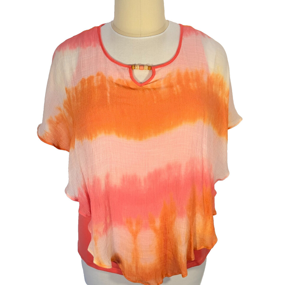 Kim Rogers Butterfly Short Sleeve Blouse Womens 1X Pink Peach Tie Dye Beaded Nck
